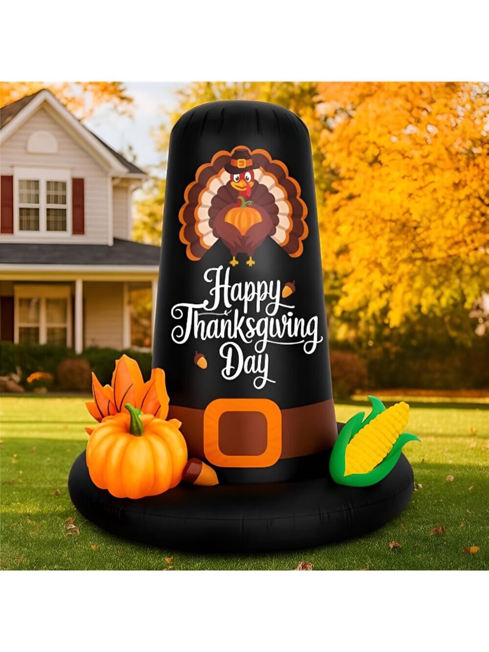VioraWhite 6ft Thanksgiving Pilgrim Hat Inflatable with LED Lights